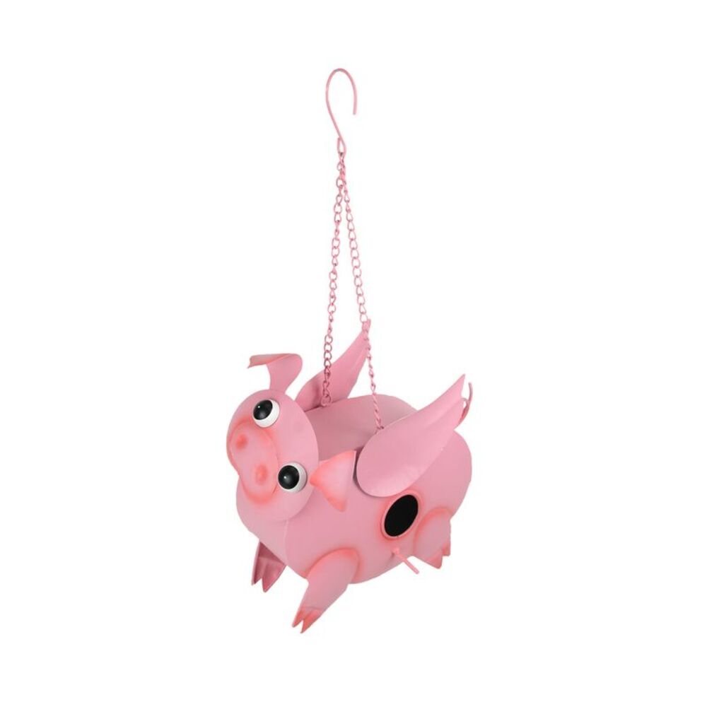 Rustic Metal Pink Flying Pig Hanging Bird House Garden Yard